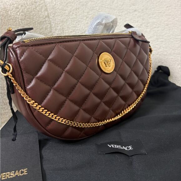 Versace Quilted Burgundy/brown Crossbody Bag with Gold Chain - Picture 3 of 7